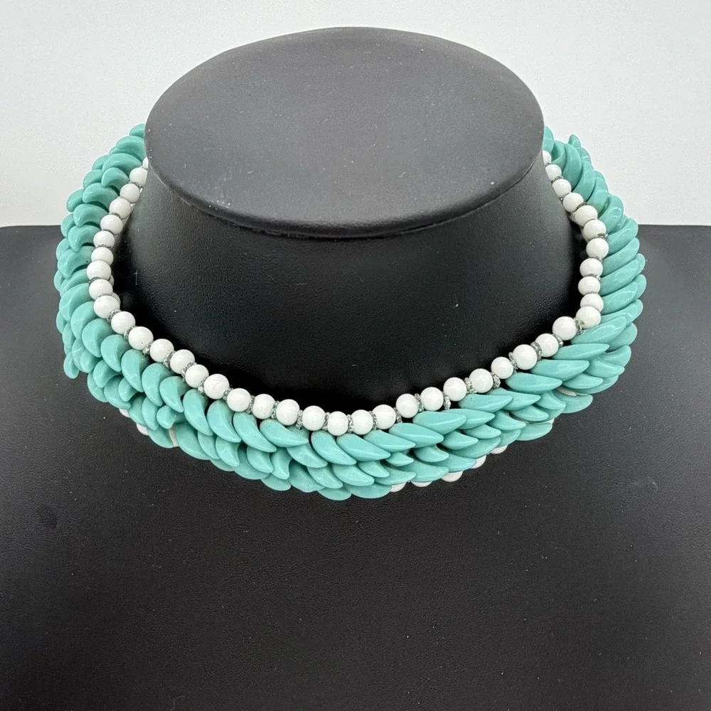 Vtg Haskell Era Turquoise Milk Glass Choker Necklace Hand Made Blue White Spiked